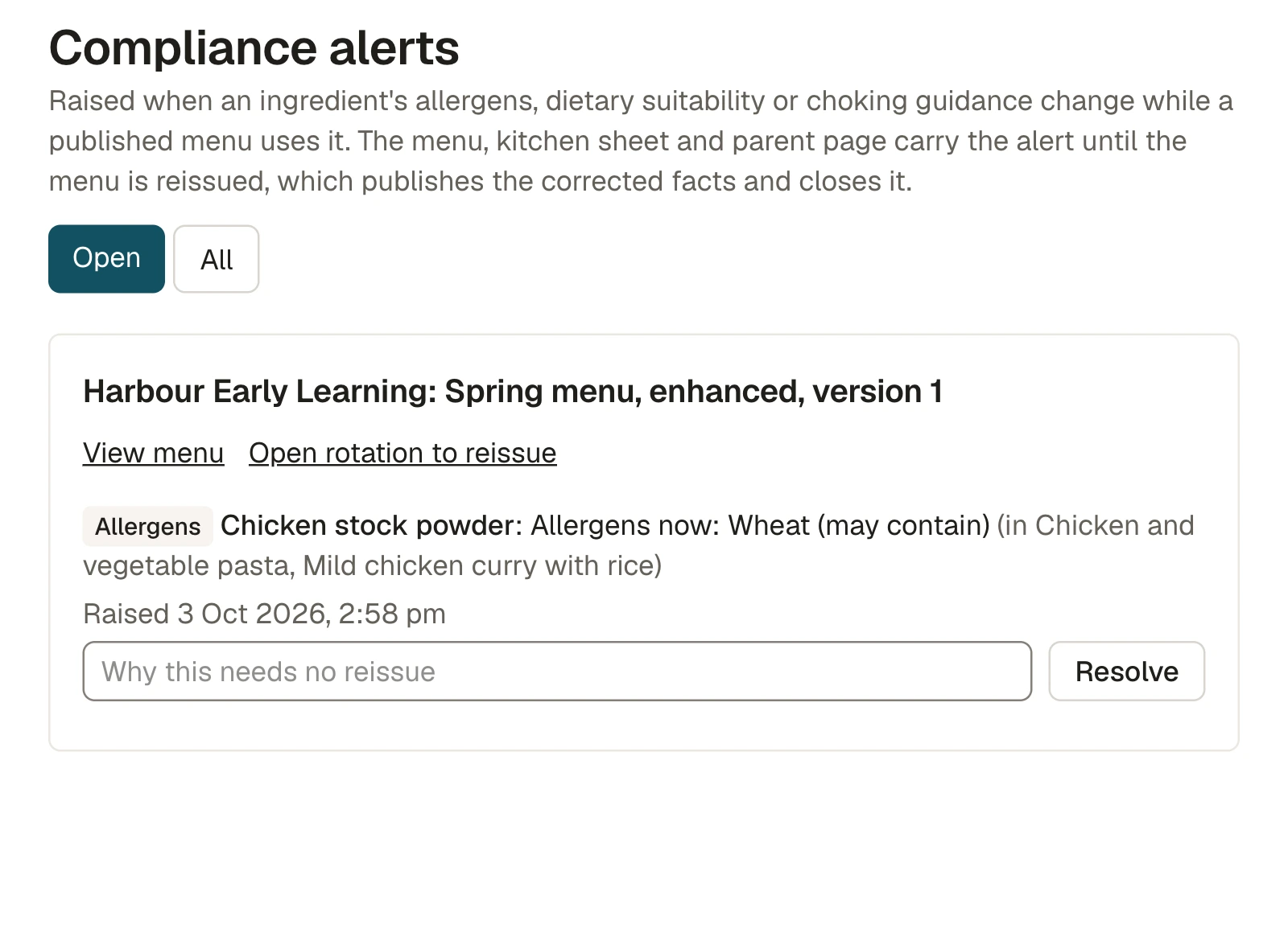 A compliance alert raised on a published menu after an ingredient was corrected.